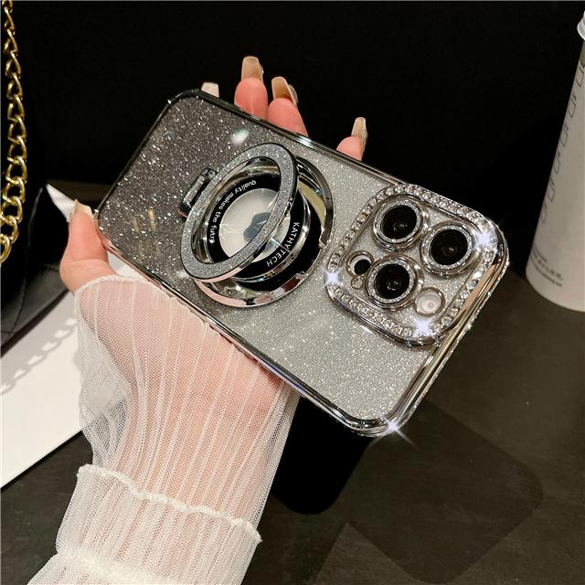 Für iPhone 16 Pro Max Luxus Glitzer Ständer Halter Galvanisiertes Flash Diamant Rahmen Handyhülle Für iPhone 11 12 13 14 15 16 Plus Hülle For iPhone 13