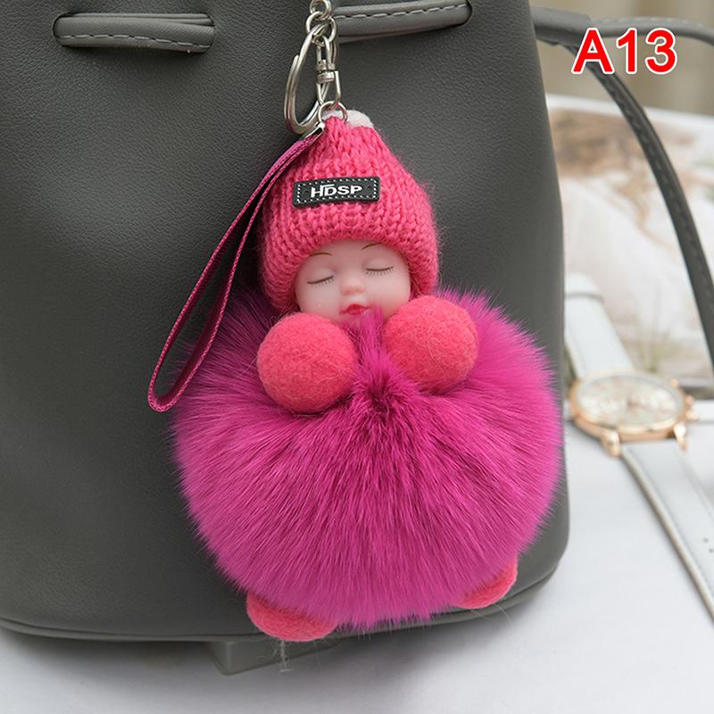 Schlüsselanhänger mit Bommel, schlafendes Baby, niedliche, flauschige Plüschpuppe, Schlüsselanhänger, Damen, Mädchen, Taschen, Schlüsselanhänger, Autos, Schlüsselanhänger, Geschenk, bezaubernde Dekoration pink