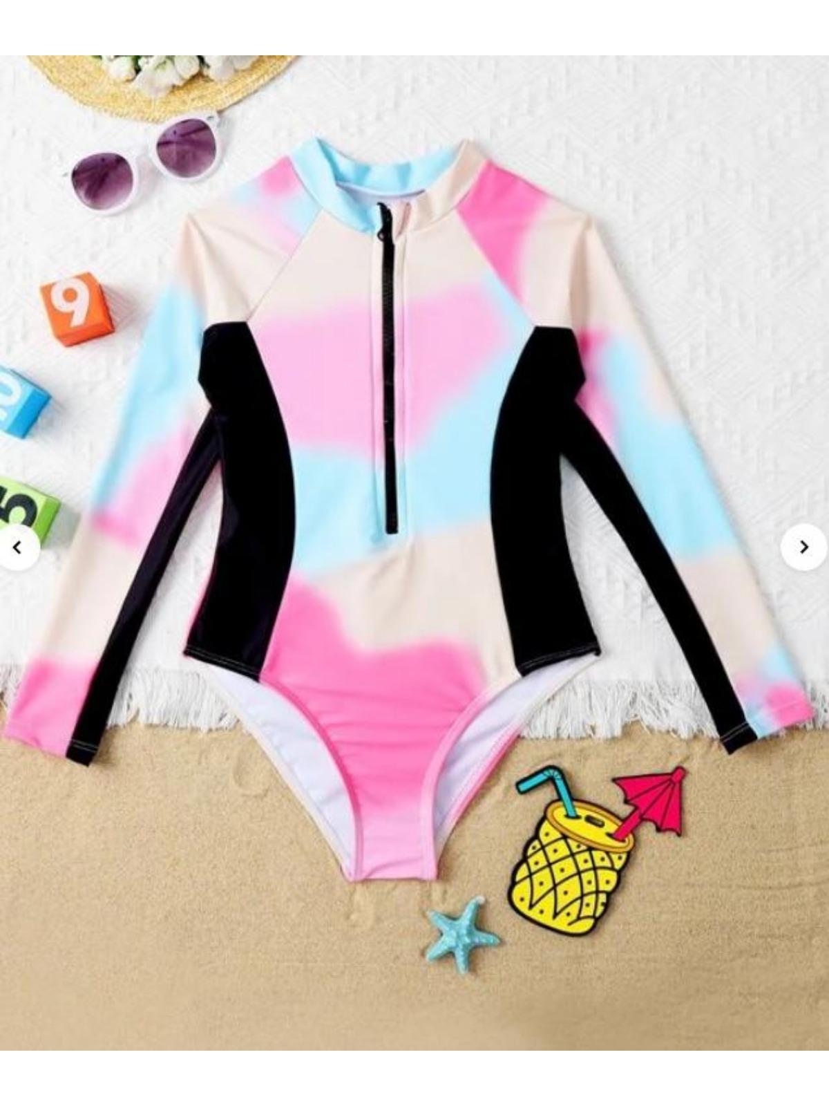Kinder Mädchen Badeanzug Langarm Bedruckt Reißverschluss Bademode Badeanzug Rash Guard Bodysuit Strandkleidung 160 rosa