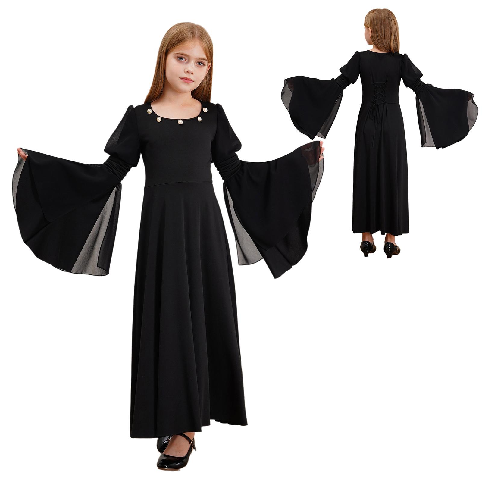 Kinder Halloween Kostüm Fee Kostüm Gothic Prinzessin Langes Kleid Mädchen Renaissance Kleid Mittelalter Kostüm Abendkleid Retro Fee Kleid Vintage 11-12 Years schwarz