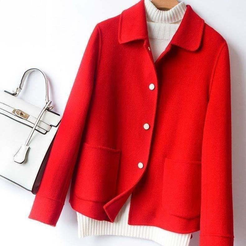 Frau Herbst/Winter Retro Casual Wolle Woolen Anzug Jacke Britischen Stil Lose Solide Einreiher Anzug Kragen Woolen mäntel 2XL rot