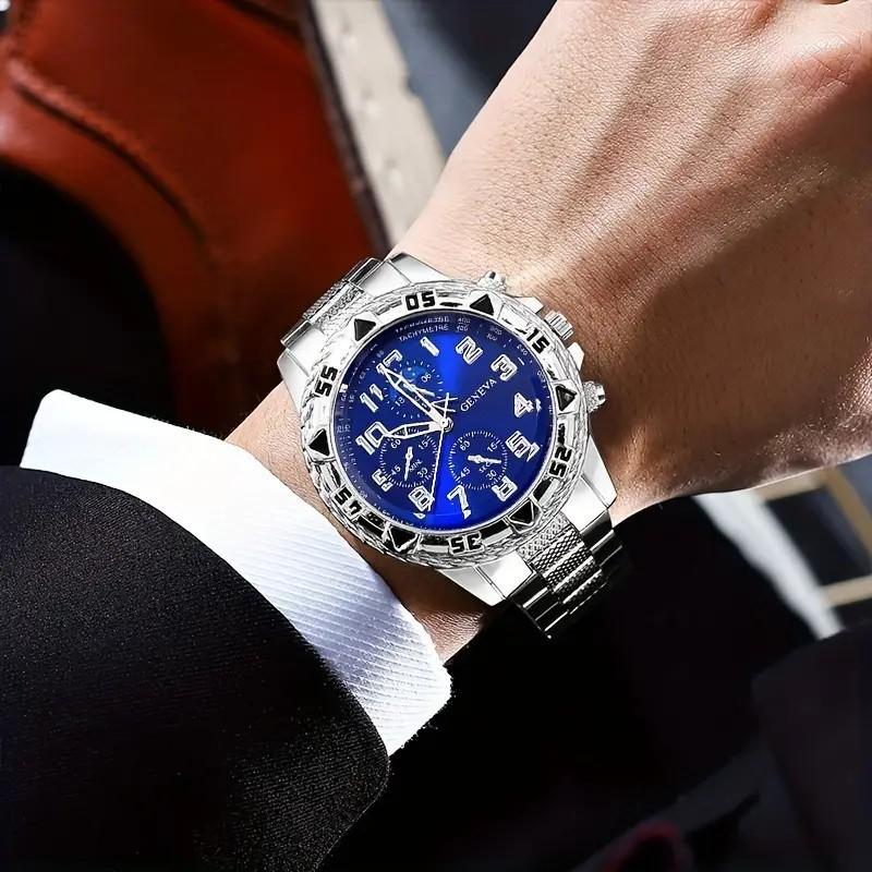 Luxus Herren Business Uhren Mode Großes Zifferblatt Quarz Armbanduhr für Herren Uhr Geschenk für Familie, Freund silber/blau