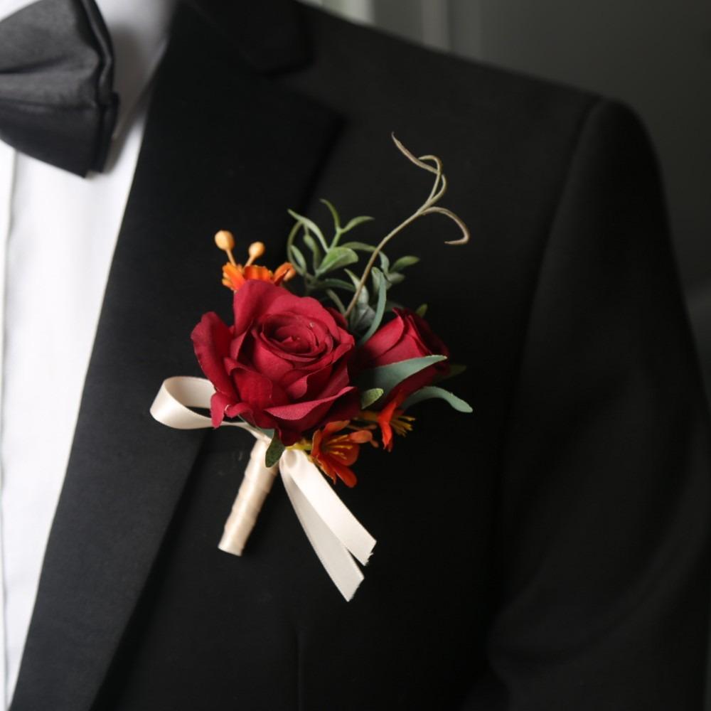 Seiden Ansteckblumen Blumen Künstlich Bräutigam Brustblume Handgelenk-Corsage Hochzeitszubehör red-brooch