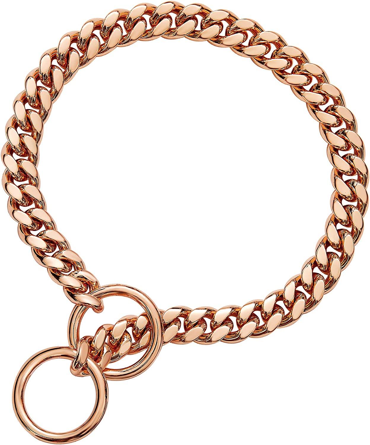 Hundehalsband aus Kette, 18 Karat Gold, kubanische Gliederkette, Edelstahl-Metallglieder, 10 mm, strapazierfähiges Trainingshalsband für Hunde 22inch-55cm