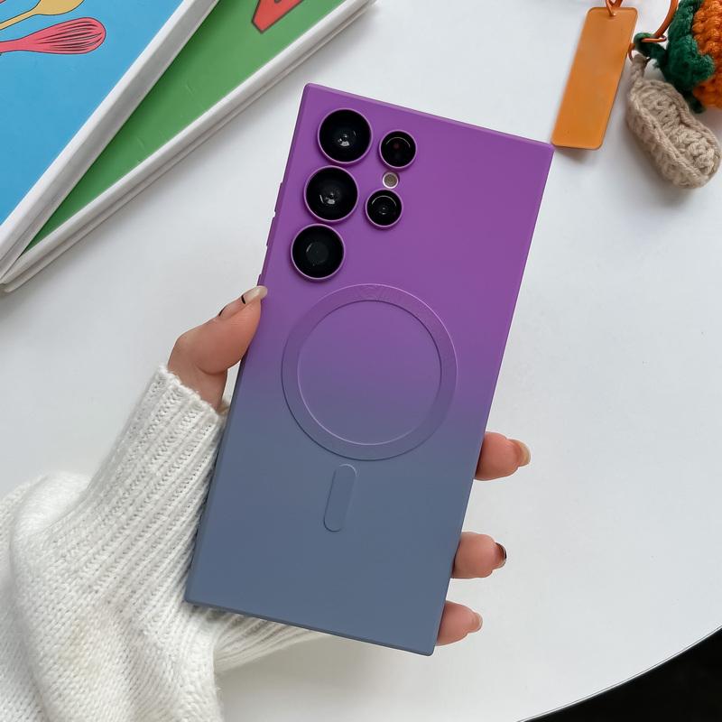 Handyhülle mit Farbverlauf und zweifarbiger Linie für Samsung S25 Ultra S24 S23 Plus S22 Ultra Einfache stoßfeste TPU-weiche Magnetschale Crossbody-Handyhülle mit Lanyard Samsung S25 Ultra grau/violett