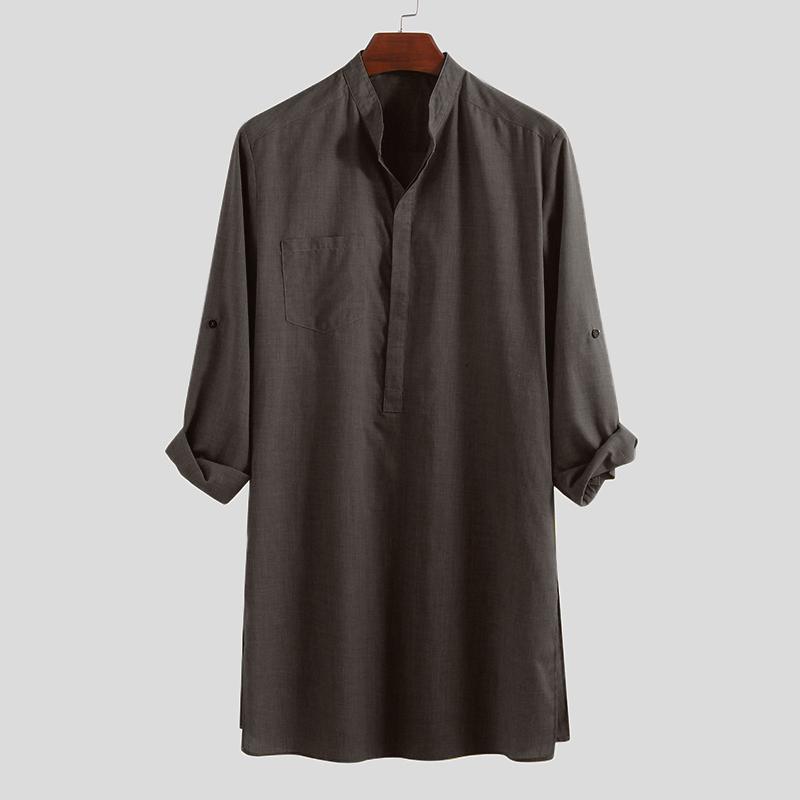 INCERUN S-5XL Herren Regular Fit Kragen Kurta Muslimische Kleider Abaya Kaftan Langarm Herrenhemd S kaffeebraun
