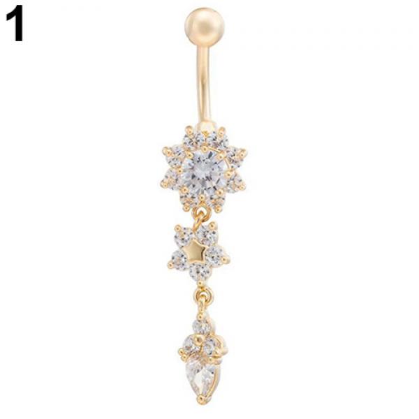 Sexy Frauen Blume Strass baumeln Bar Barbell Bauchnabel Ring Körper Piercing gold