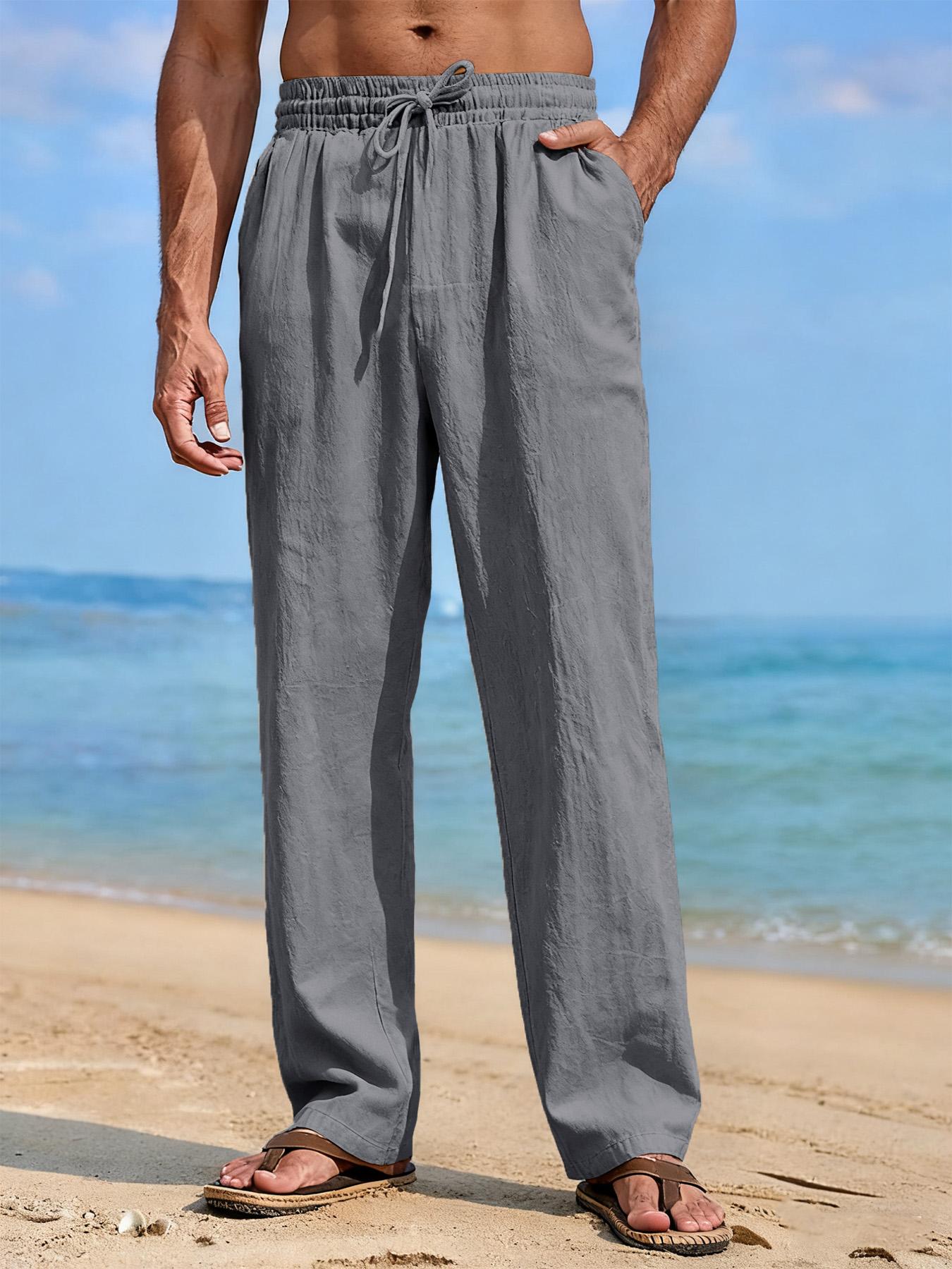 Sommer Herren Leinenmischung Gerade geschnittene Hose Strand Leicht Atmungsaktiv Lässige Hose mit Elastischem Bund Kordelzug für Ganztägigen Komfort XXXL graue