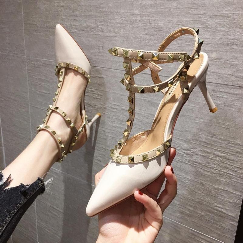 Damen-High-Heels, spitzer Zehenbereich, Stiletto-Absatz, schicke High-Ball-Absatz-Pumps mit Nieten 40 beige