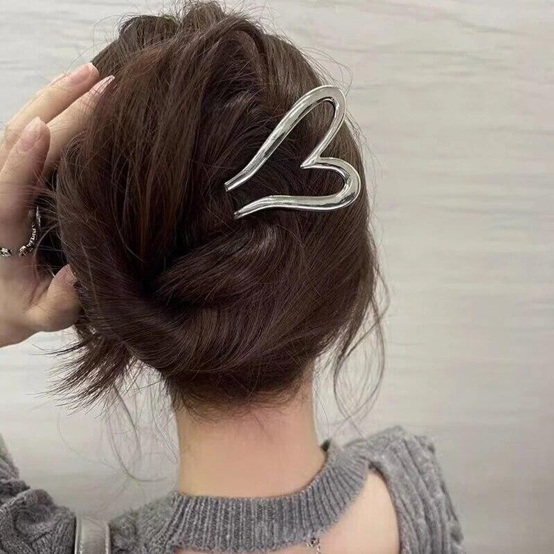 Trendy Geometrische Herz Liebe Haar Sticks Elegante Metall Pferdeschwanz Haar Clip Pin Barrettes Für Frauen Party Haar Zubehör Kopfbedeckungen silber