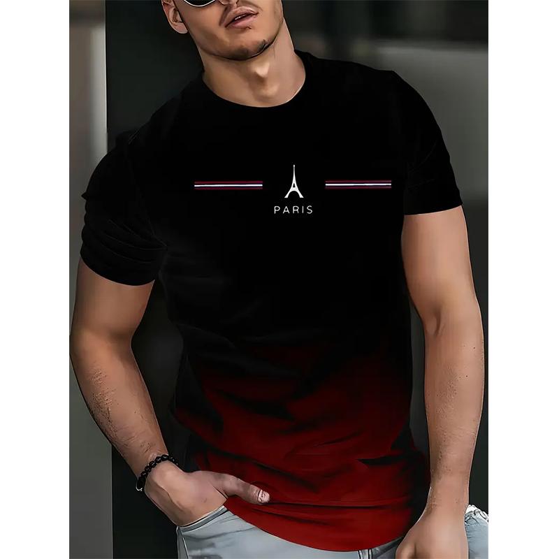 Neues Sommer Herrenmode T-Shirt Persönlichkeit Farbverlauf Bedruckt Herren T-Shirt Top L rot