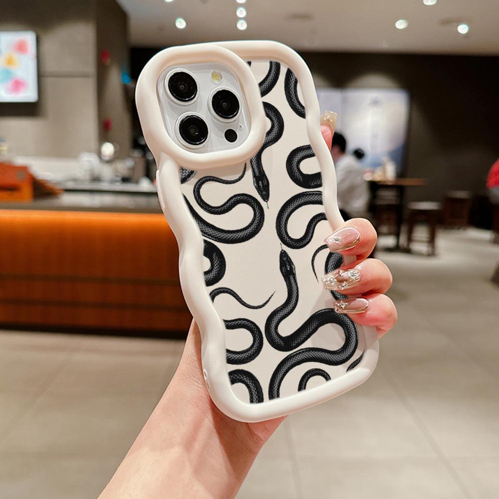 N72 Schwarz Gold Schlangenkunst Macaron Wavy Edge Handyhüllen für iPhone 15 Pro Max Samsung A54 A14 S23 S24 S23 Ultra S21 Redmi Note 13 Pro Stoßfeste Hülle Samsung S24 Ultra 5G