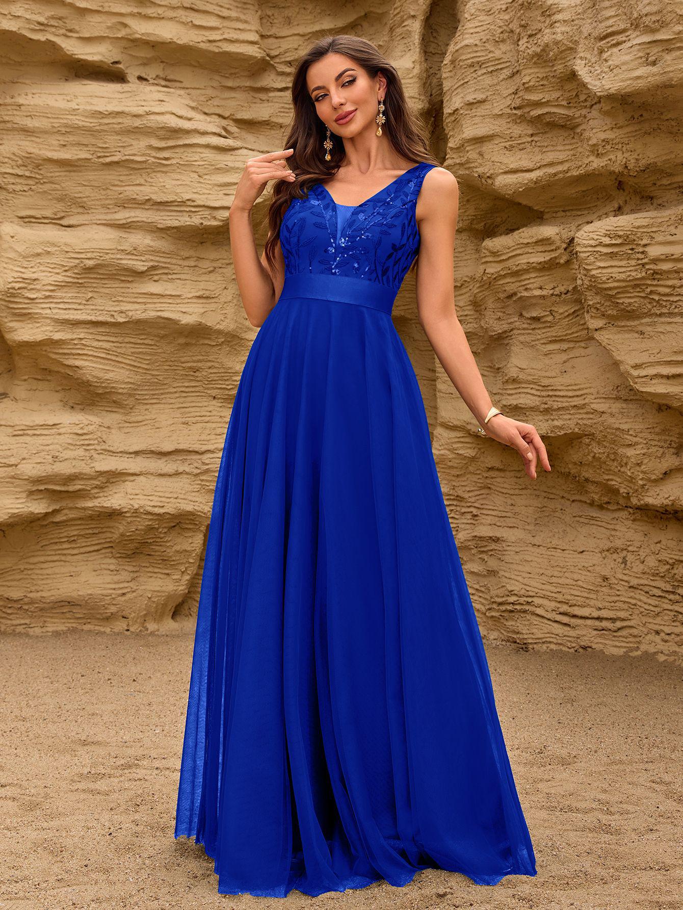 Elegantes mehrfarbiges Patchwork Ärmelloses A-Linien Abendkleid mit doppeltem V-Ausschnitt und Tüllstickerei Extra Large