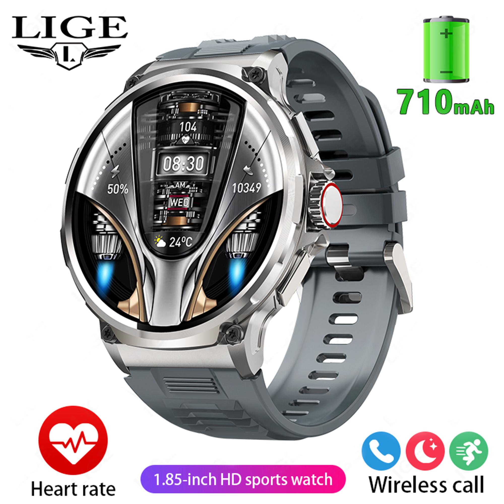 LIGE Neue 710 mAh Große Kapazität Batterie Smart Watch Männer Outdoor Sport Gesundheit Tracking Wasserdichte Smart Armband Bluetooth Anruf Smart uhr 2024 Geschenk silicone strap grau