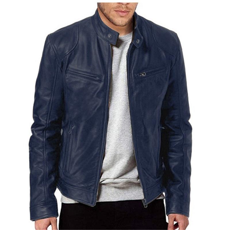 Herren Lederjacke Jugend Stehkragen Punk Motorrad Biker Lederjacke Modische Oberbekleidung für Herren Langlebiges Stilvolles Design 3XL navy blau