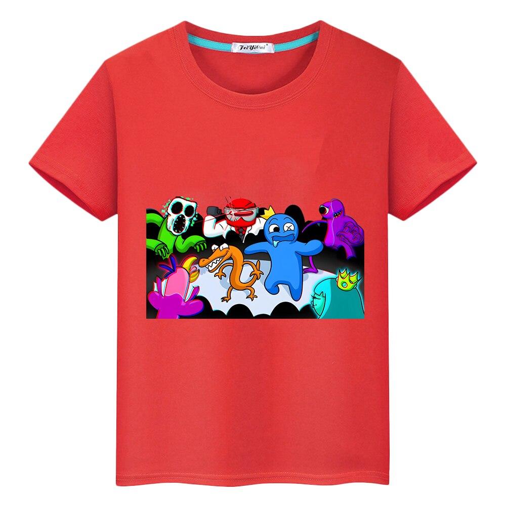 Rainbow Friends Süßes T-Shirt für Kinder, Jungen, 10 Jahre, Baumwolle, kurze Tops, Anime-T-Shirts, Jungen- und Mädchenkleidung, Sommer, lässige Kinderkleidung, Geschenk 130 rot