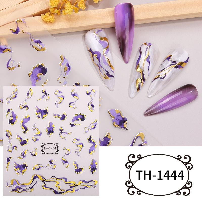 Lila Marmor Blühende Nagel Aufkleber Rauch Design Nagel Abziehbilder 3D Goldene Welle Linien Geometrische Nagel Slider Maniküre Dekoration TH-1444