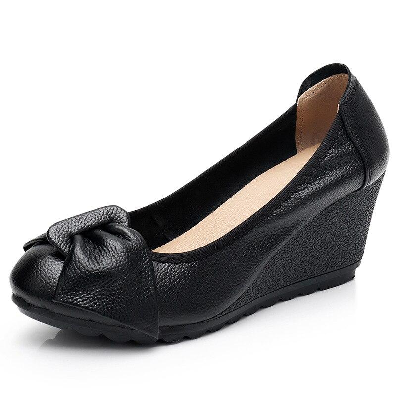 100% echtes Leder High Heels Frauen Keil Schuhe Casual Frau Schuhe Elegante Damen Keile Weiche Bequeme Weibliche Schuhe 37 schwarz