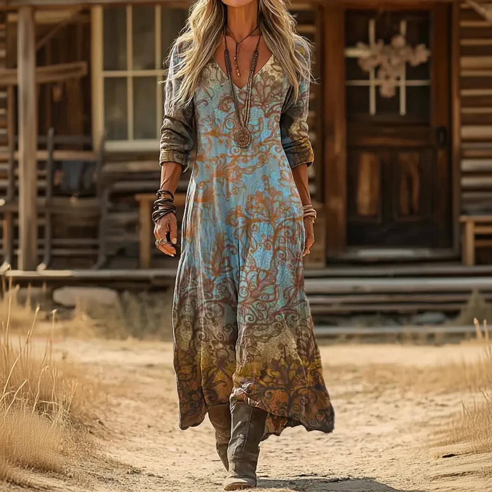 Damen Vintage Ethno Blumenmuster Langarmkleid Bohemian Urlaubs Strand Maxikleid mit V-Ausschnitt und Lockerer Passform XXL dunkelblaue
