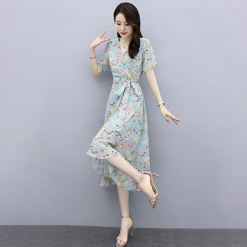 Chiffon-Kleid Feminines Temperament Elegante Taille Dünne Französisch Floral Lange Kleid Kann Lace-up Abnehmen Dünne Damen Chiffon-Kleid M