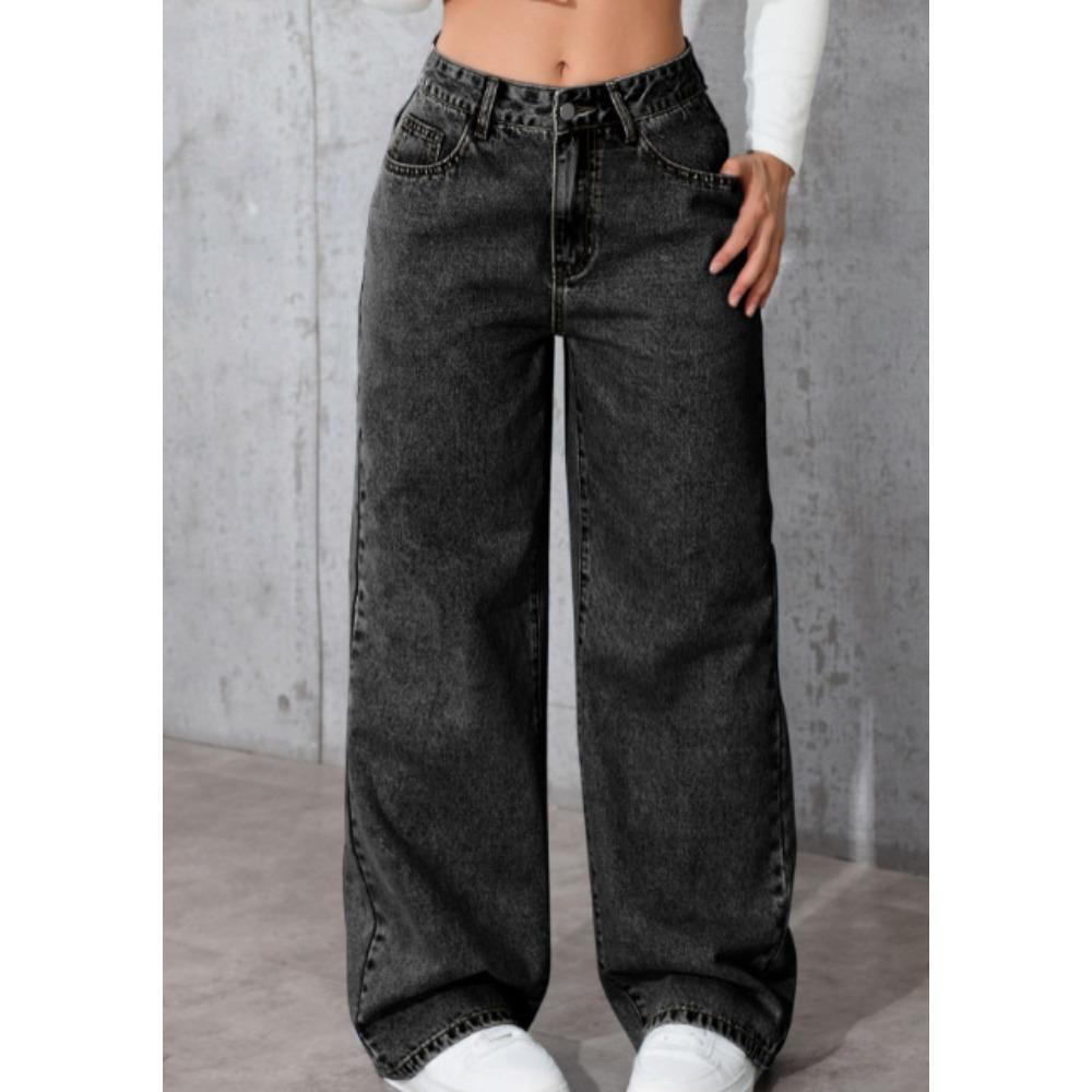 Damen Jeans mit hoher Taille und geradem Bein, Lockere Wide Leg Jeans aus Denim, Säuregewaschen Hellblau Dehnbare Jeans mit Taschen, Lässige Büro-Arbeitshosen M graue/schwarz