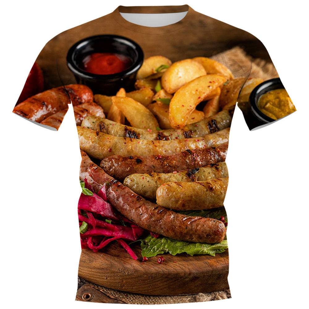 HX Yummy Food T-Shirts 3D-Grafik Delikatesse Gegrillte Würstchen Pullover Polyester Alle bedruckten T-Shirts Harajuku Herrenbekleidung S blau