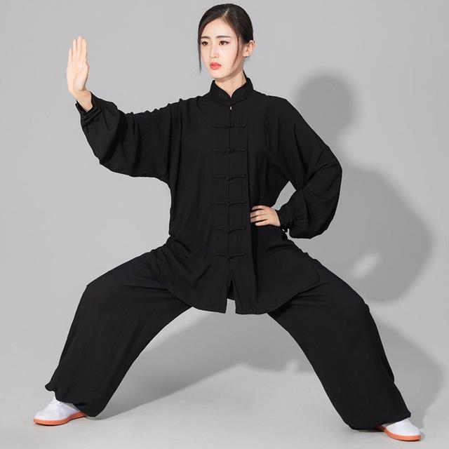 Damen Herren Soft Cotton Line Tai Chi Anzug Kung Fu Wushu Kampfsport Uniform Wing Chun Jacke Hose M schwarz