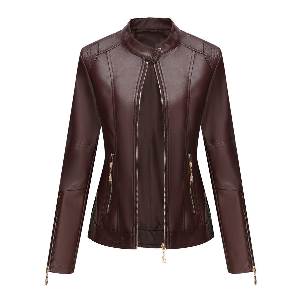 Neue Mode Damen Lederjacke PU Leder Kurzmantel Stehkragen Jacke Damen Frühling und Herbst Dünne Lederjacke Marineblaue Lederjacke 4XL