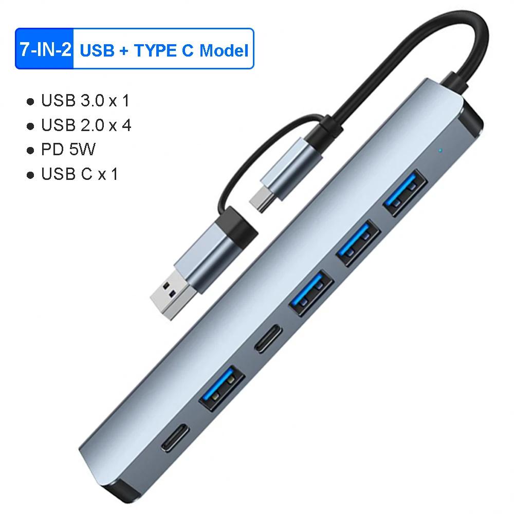 8-in-2-Typ-C-Dockingstation, USB-Splitter-Adapter, USB-C-Hub, 5 Gbit/s, Hochgeschwindigkeitsübertragung, USB 3.0, 2.0, 3,5 Audio-Buchse, SD/TF-Kartenleser, OTG-Adapter 7 in 2