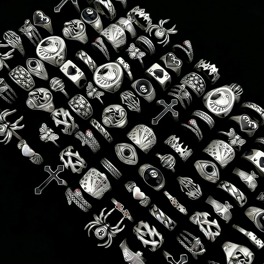 10/20 Stück Vintage Punk Totenkopf Ringe Set Für Damen Herren Mix Stil Mode Gothic Hip Hop Auge Spinne Schmuck Party Geschenke Mix Size15-19mm&10Pieces gray
