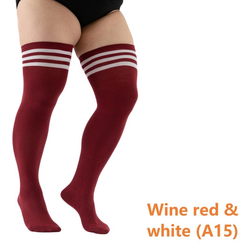 Elastische Overknee-Socken in Übergröße, übergroße, oberschenkelhohe Socken, lange Socken, XXXL, Damensocken, Beinwärmer Wine red & white (A15)