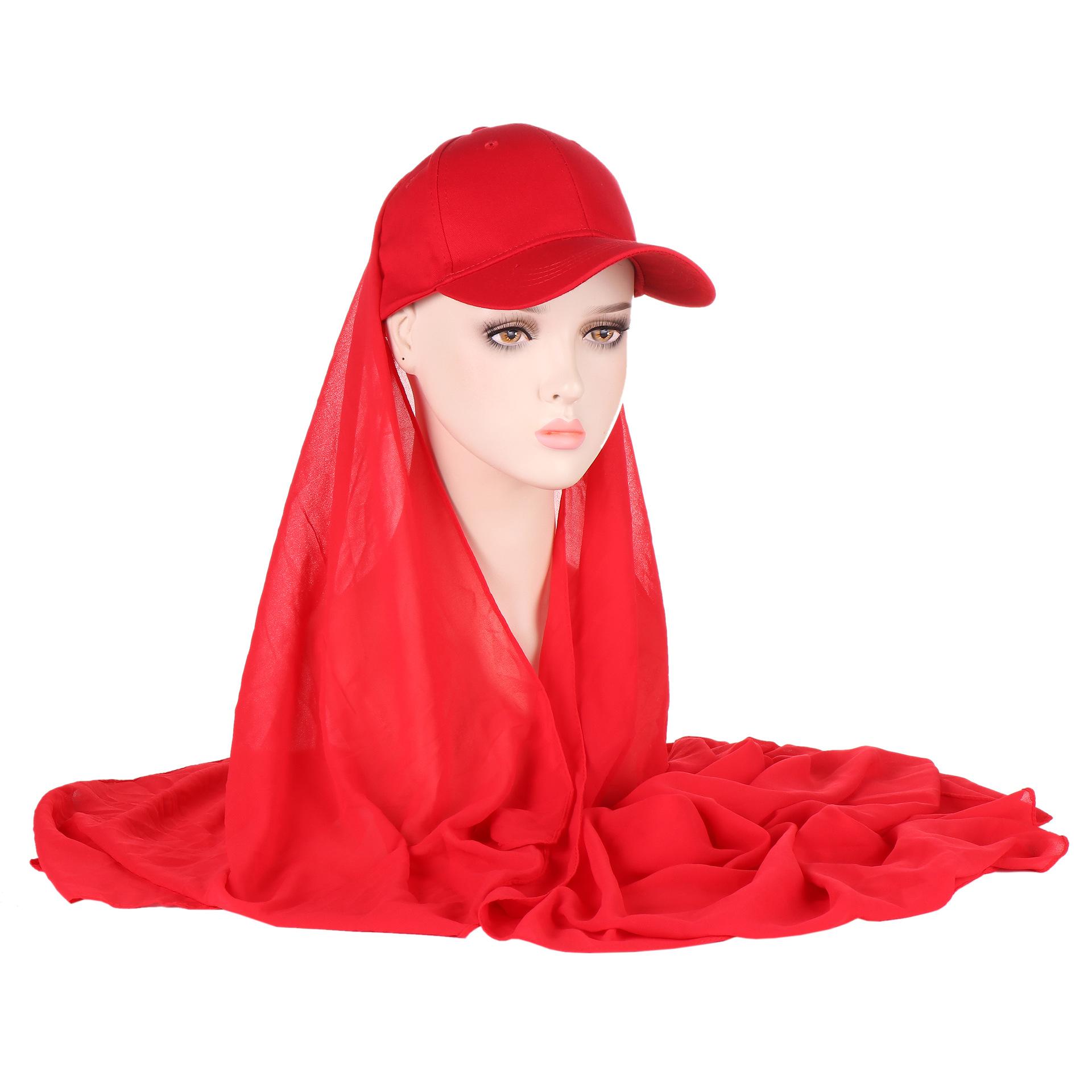 Neue Mode Einfarbig Schal Baumwolle Baseball Kappe Integrierte Schal Hut Moslemisches Hijab rot
