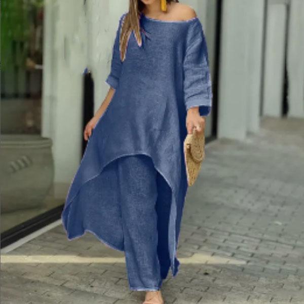 Sommer Damenmode Casual Baumwolle Leinen Anzug Unregelmäßige Langarm Weite Beinhose Zweiteiliger Anzug Plus Size XXXXL