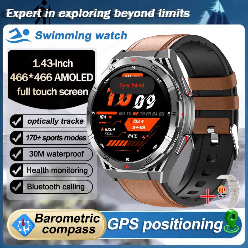 2025 Neue GPS Smartwatch Herren Bluetooth Anruf 100+Sport GPS Track Uhren Sprachassistent Wasserdichte Smartwatch Für Android IOS Leather Belt silber