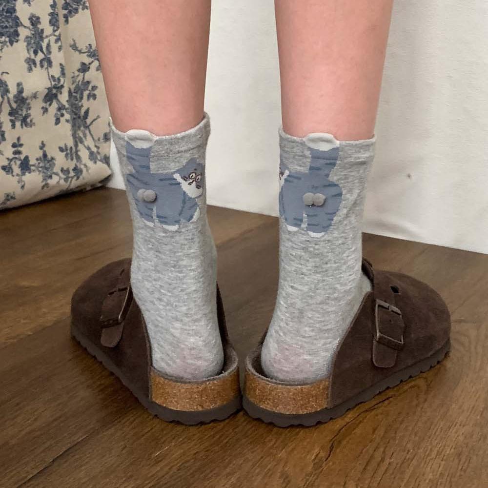 3 Paar Damen Niedliche Katzen Socken Frauen 3D Katzen Socken Ausgefallene Socken Frühling Herbst und Winter 3 Pairs graue