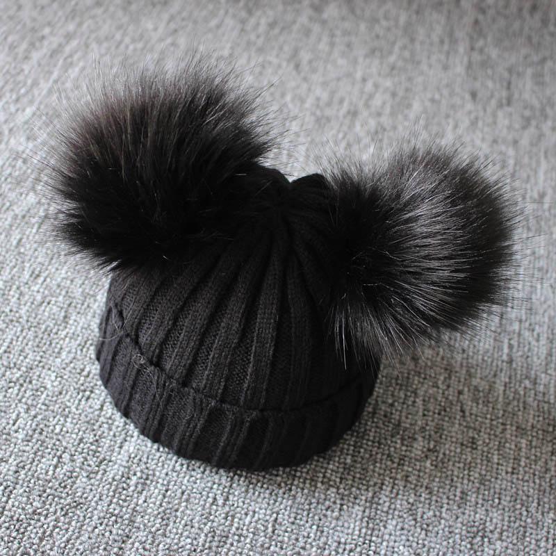 Baby Winter Strickmütze Doppel Pompom Baby Mädchen Junge Mütze Solide Warme Niedliche Pelzige Ball Beanie Caps schwarz