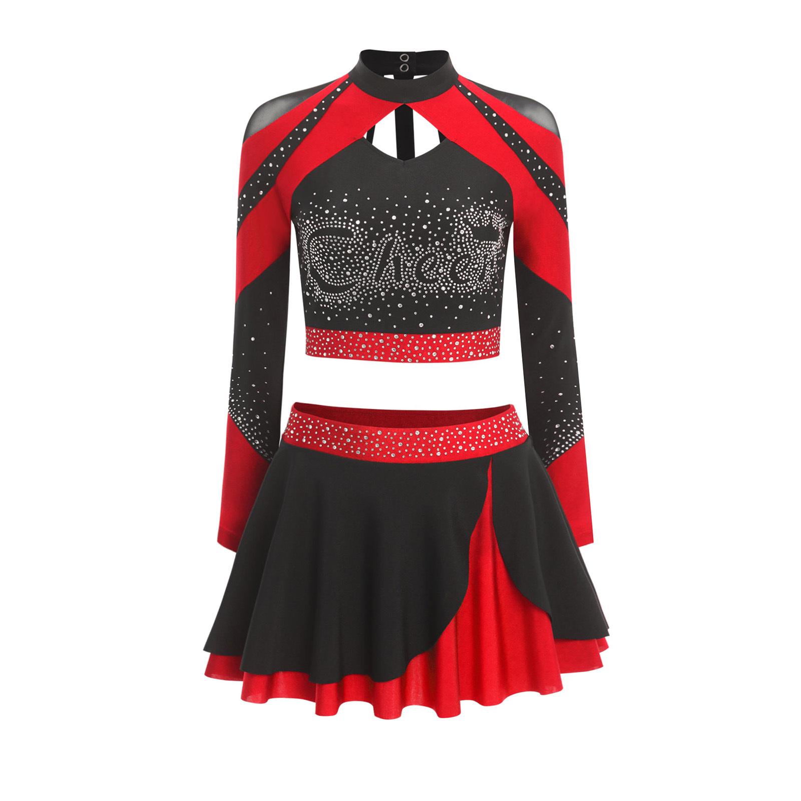 Damen Cheerleading Outfit Zweiteilig Langarm Ausgeschnittenes Crop Top Skaterrock Glitzer Strass Bekleidung S rot
