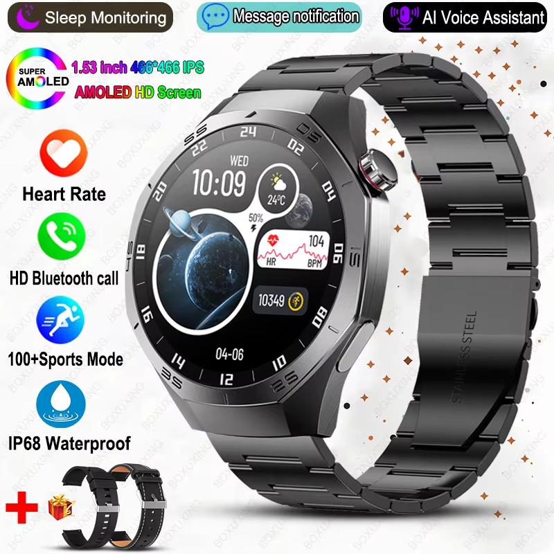 Neue Smartwatch Herren NFC HD AMOLED Bildschirm GPS Bewegungsbahn Herzfrequenz Bluetooth Anruf Sport Smartwatch IP68 Kabelloses Laden Steel schwarz