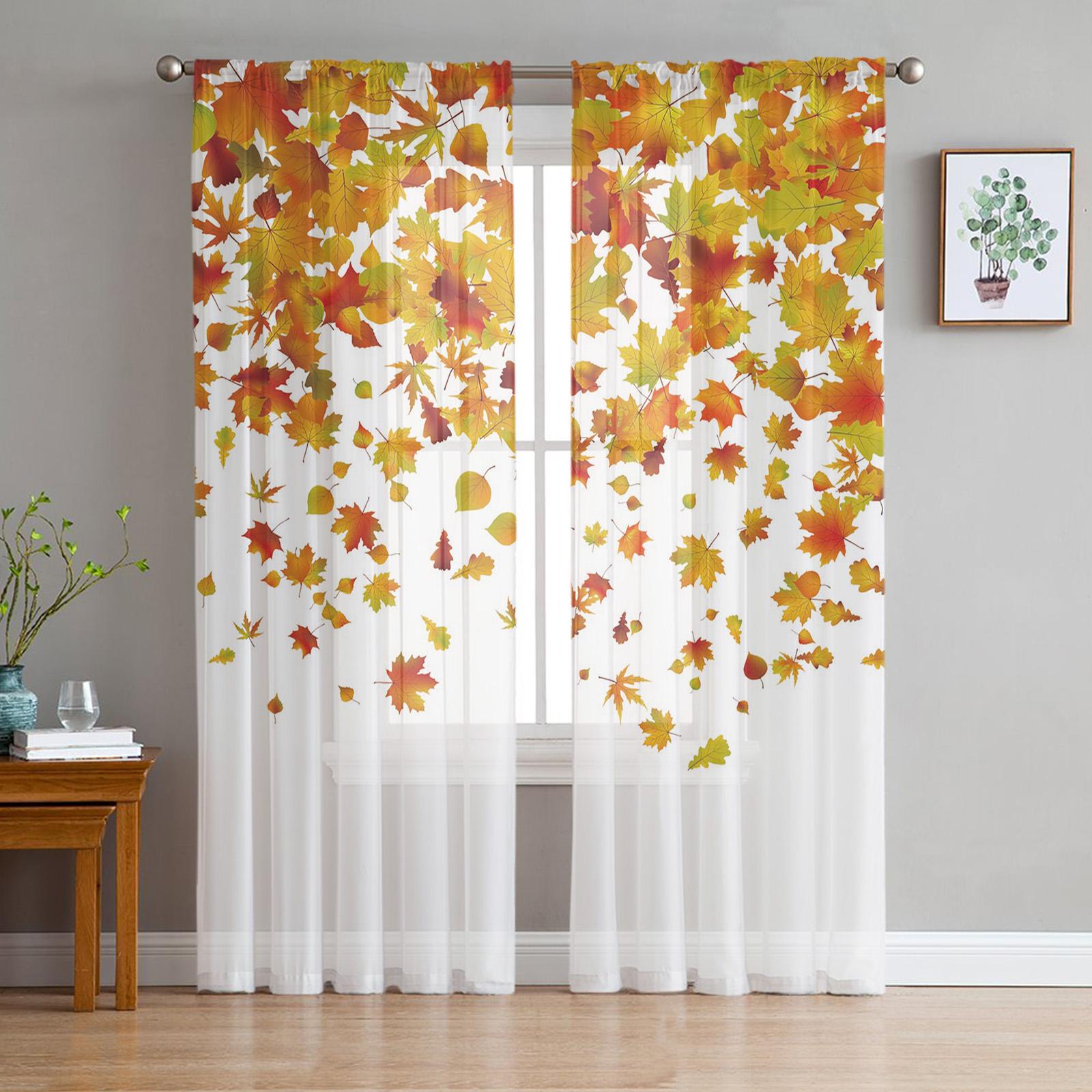Thanksgiving Herbst Wilde Blumen Voile Vorhänge für Schlafzimmer Tüll Fenster Vorhang für Wohnzimmer Gardinen Jalousien Vorhänge W50H130(CM)x2pcs&Grommet Top