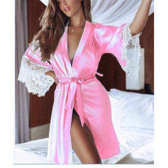 Damen Nachthemd Bademantel mit G-String Blumenspitze Bademantel Halbarm Nachthemd Weiblich Französisch Sexy Seidige Satin Nachtwäsche XXXL rosa