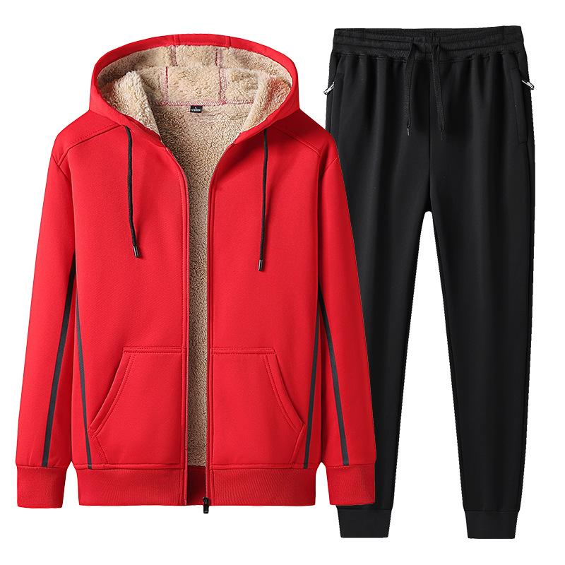 Winter Herren Casual Sport Anzug Plus Samt Dicke Kapuze Strickjacke Pullover Zweiteiliger Anzug 3XL rot