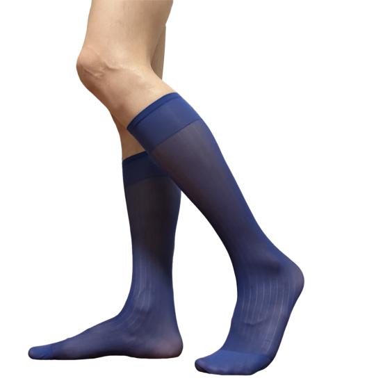 Herrensocken für den lässigen Business-Anzug, breite, gestreifte Nylonstrümpfe bis zur mittleren Wade, formeller Anzug, durchsichtige dünne Socken aus Kunstseide königsblau