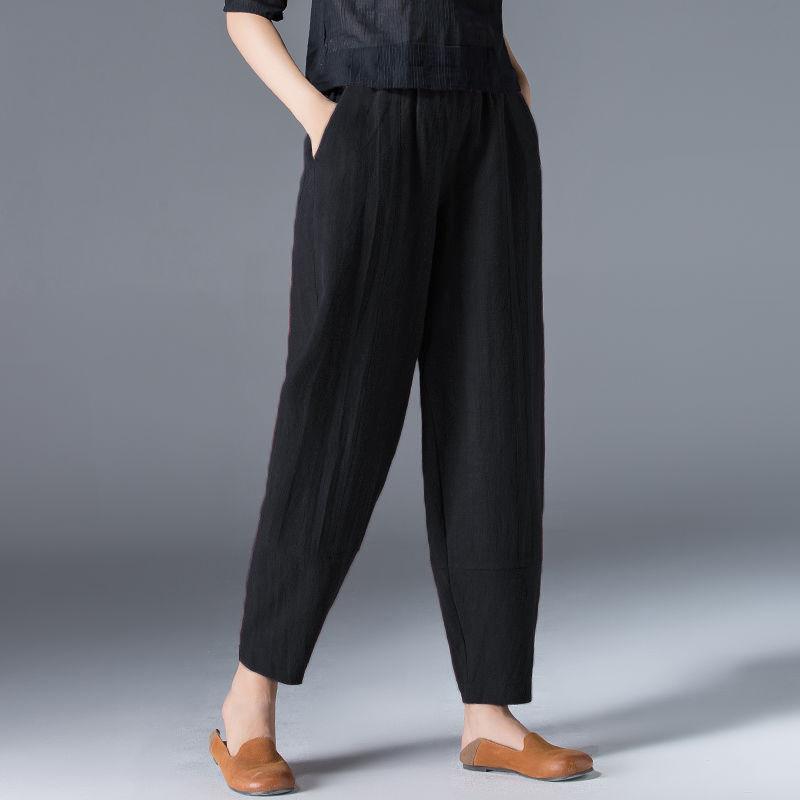Bestellen Sie zwei Nummern größer, Damen Sommer lässige lose Haremshose elastische Taille Baumwolle Leinen dünne Hose neunte Hose XXXL schwarz