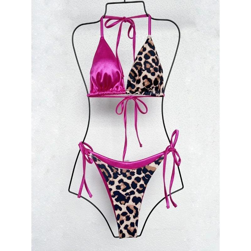 Neckholder Splicing Leopard Bikinis 2025 Mini Mikro Bikini Damen Badeanzug Damen Bademode Zweiteiliges Bikini-Set Badeanzug Schwimmen L