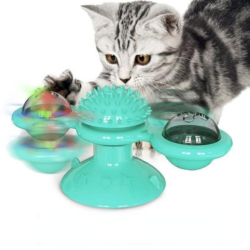 Windmühlen-Katzenspielzeug, interaktives Haustierspielzeug für Katzen, Puzzle-Katzenspielspielzeug mit Whirligig-Drehteller für Windmühlen-Katzenspielzeug, Katzen-Spinner, Katzen-Spinner-Spielzeug With light-up ball blau