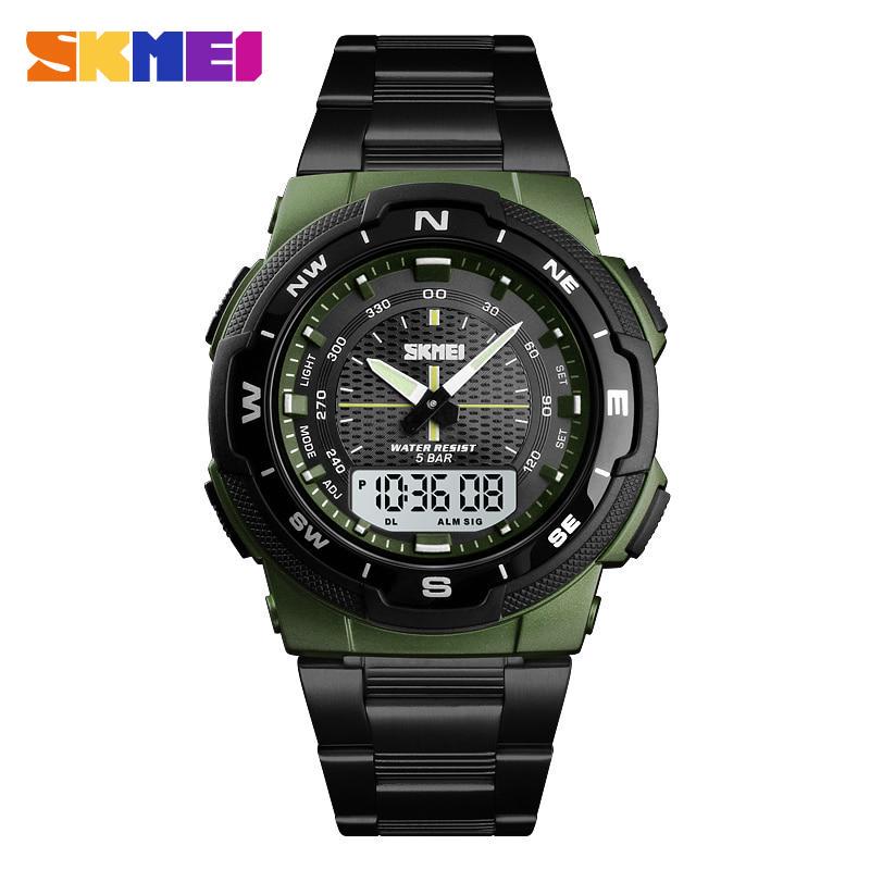 SKMEI Neue Dual Display Digitale Armbanduhren Männer Casual Uhr Wasserdichte Uhr Edelstahl Armband armee grüne