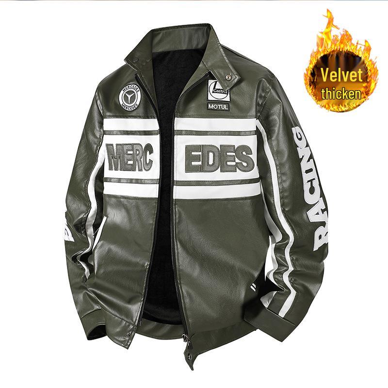 Mercedes-Benz Jugend Trendy Fleecegefütterte Bestickte Motorrad-Lederjacke - Herren Übergröße Erhältlich XL grün