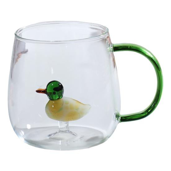 Handgefertigtes Glas Tier Pflanzenform Transparentes Wasserglas Niedliches Kaffee Milch Trinkglas mit buntem Henkel Duck