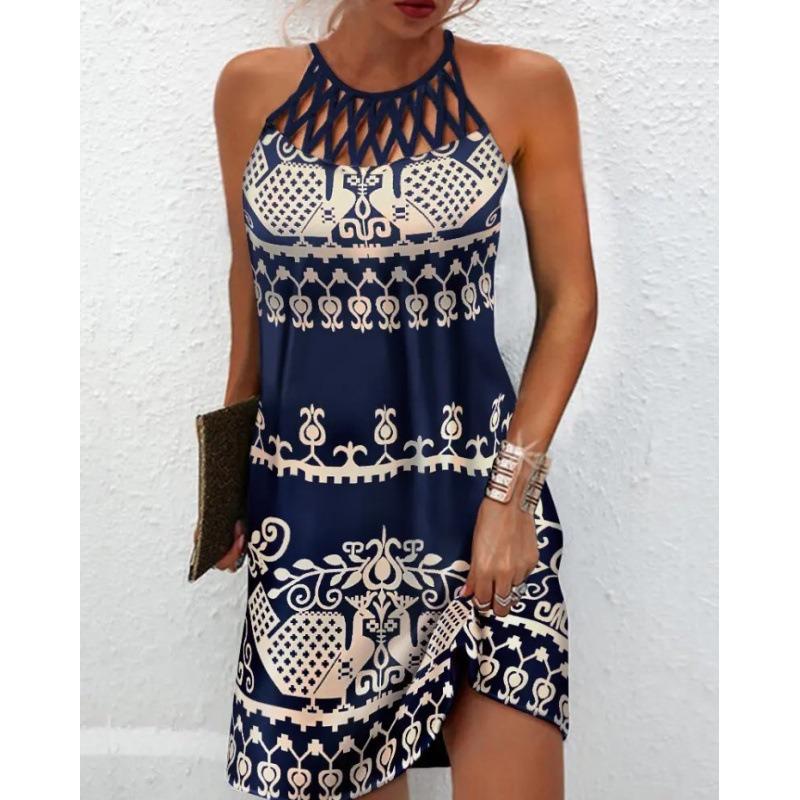VEZFAA Damen Mode Sommer Frühling Blumenmuster Druck Ärmellos Hängender Hals Mittlere Taille Lässige Kleider M black