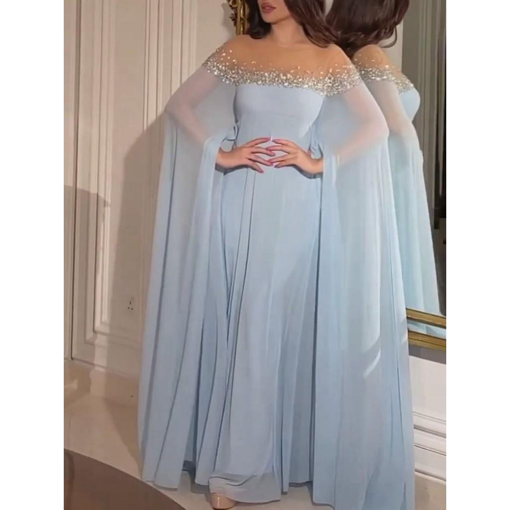 Elegantes Kaftan-Kleid für Damen mit Rundhalsausschnitt, Strasssteinen und Perlen, mit langen Ärmeln, für Brautjungfern im Nahen Osten, Hochzeit, langes Kleid, wunderschöne Party-Maxi-Ballkleider L blau